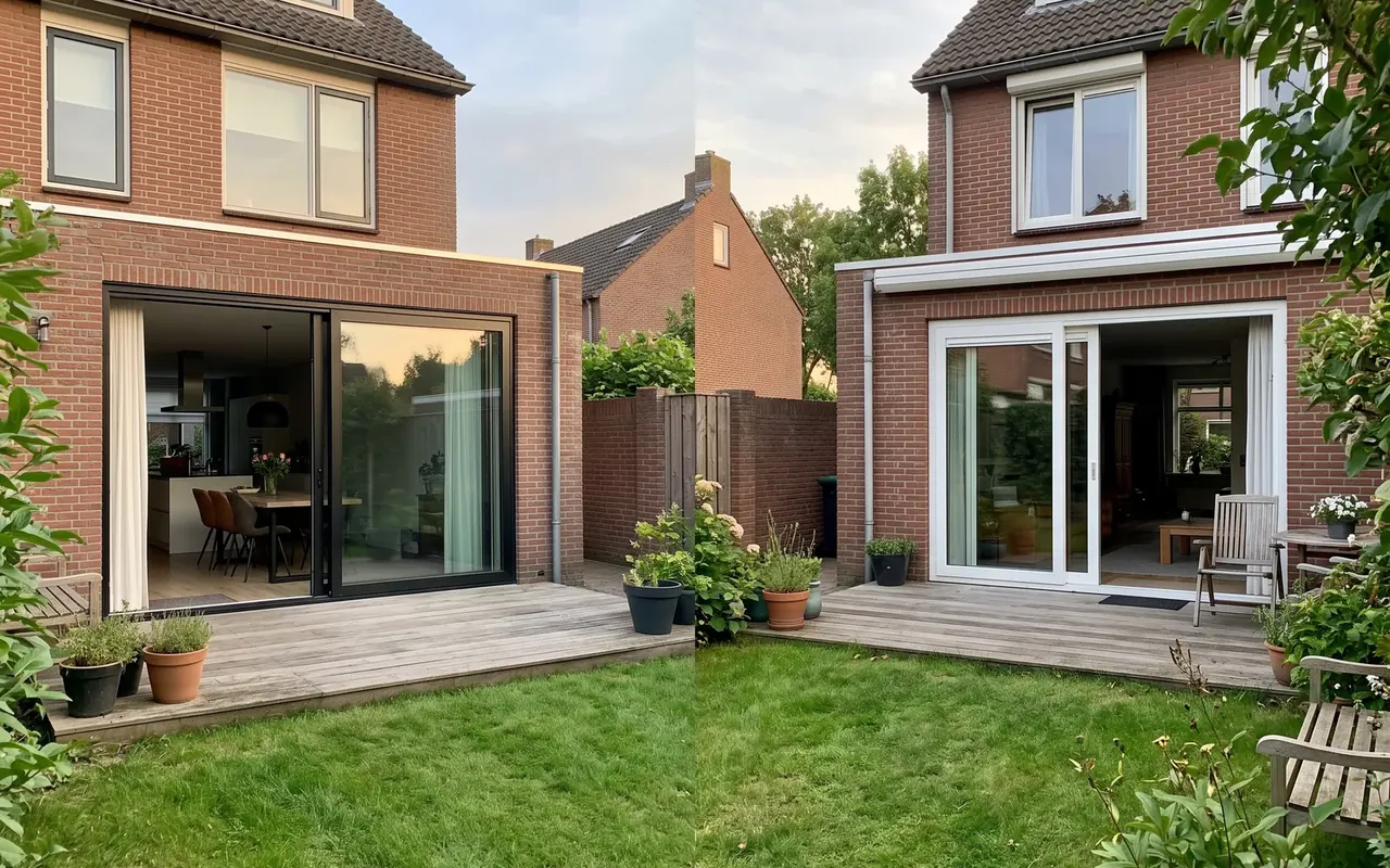 Twee tuinen naast elkaar: links een slanke aluminium schuifpui, rechts een witte kunststof schuifpui