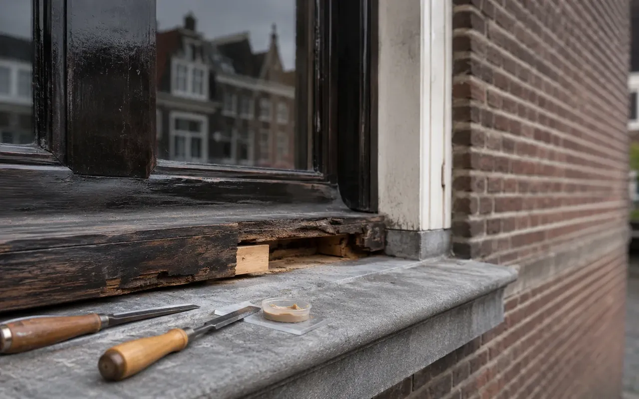 Oude houten vensterbank met een beitel, klaar om te vervangen