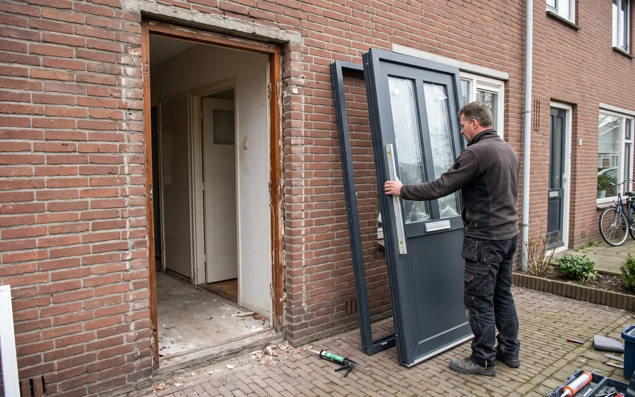 Monteur zet een nieuwe antraciet kunststof voordeur met kozijn klaar bij een rijwoning