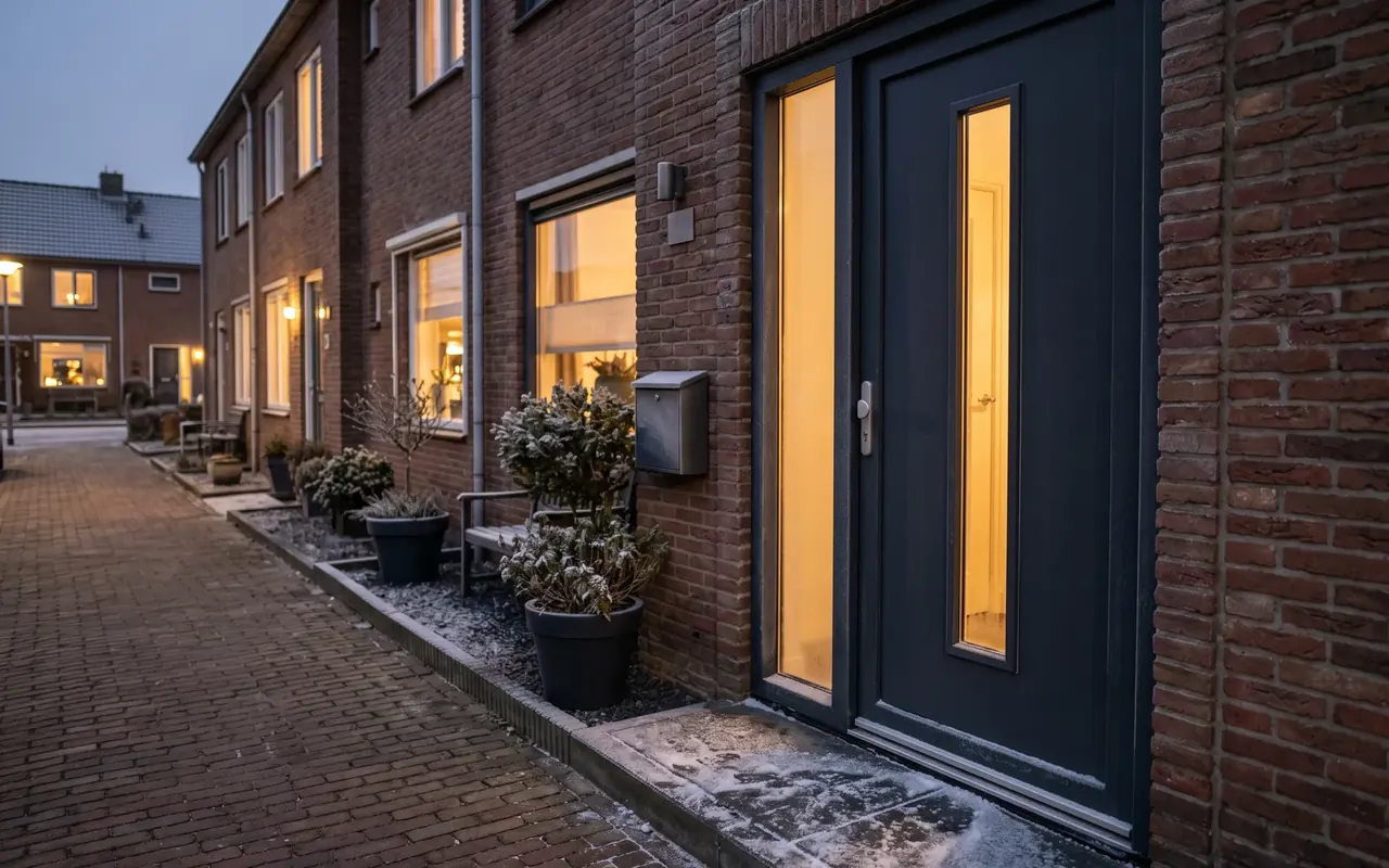 Antraciet kunststof voordeur met smalle glasstrook in een bakstenen rijwoning op een koude avond