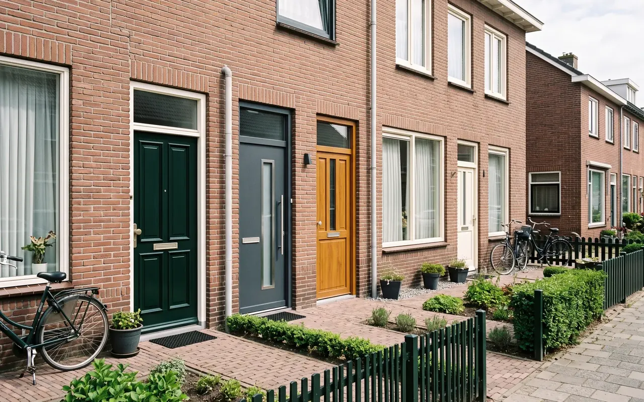 Rij Nederlandse rijwoningen met nieuwe voordeuren in donkergroen, antraciet, goudeiken en wit