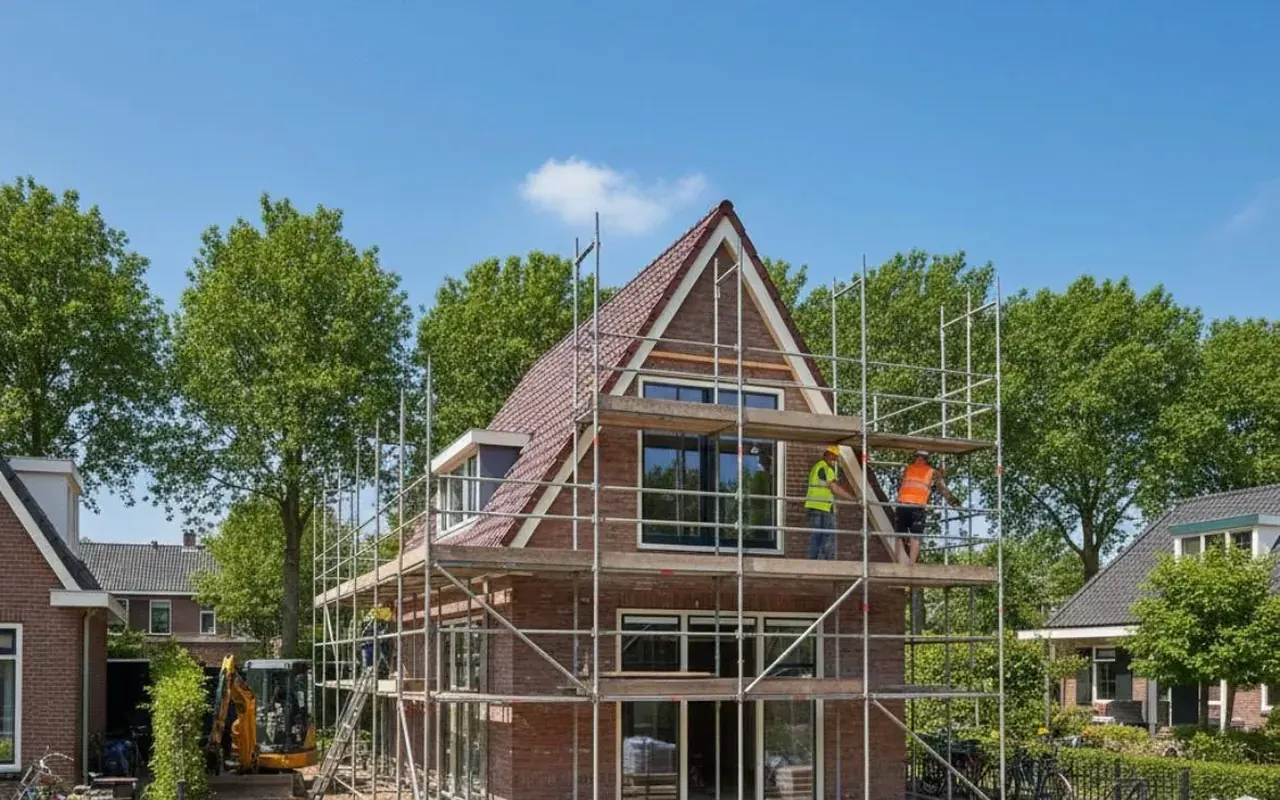 Woning in de steigers tijdens renovatie, met vakmensen bij de nieuwe kozijnen op de verdieping