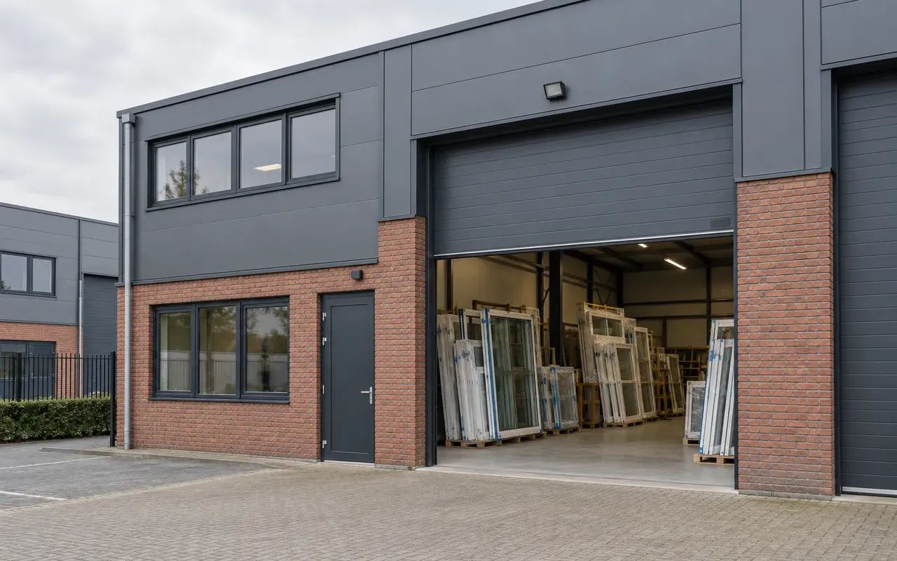 Kunststof kozijnen staan rechtop op pallets in een bedrijfshal met open roldeur