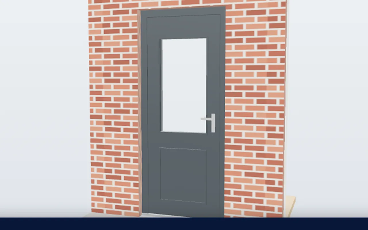 Antraciet kunststof achterdeur met glas boven en paneel onder in een kozijn, 3D-weergave uit de configurator