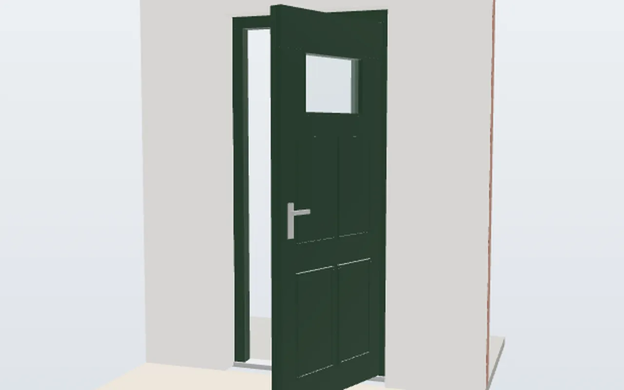 Geopende klassieke kunststof voordeur in groen, van binnenuit gezien, 3D-weergave uit de configurator