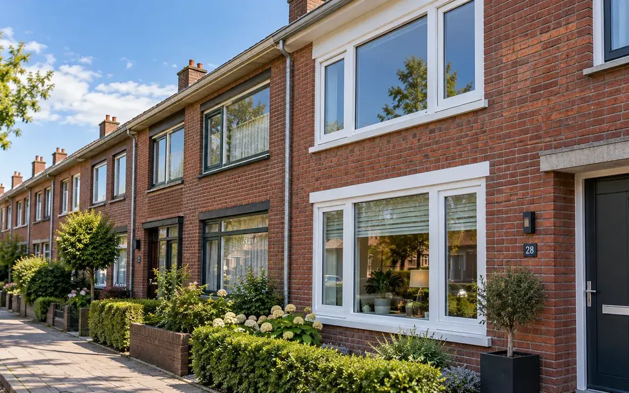 Rij bakstenen woningen met nieuwe witte kunststof kozijnen en een antraciet voordeur