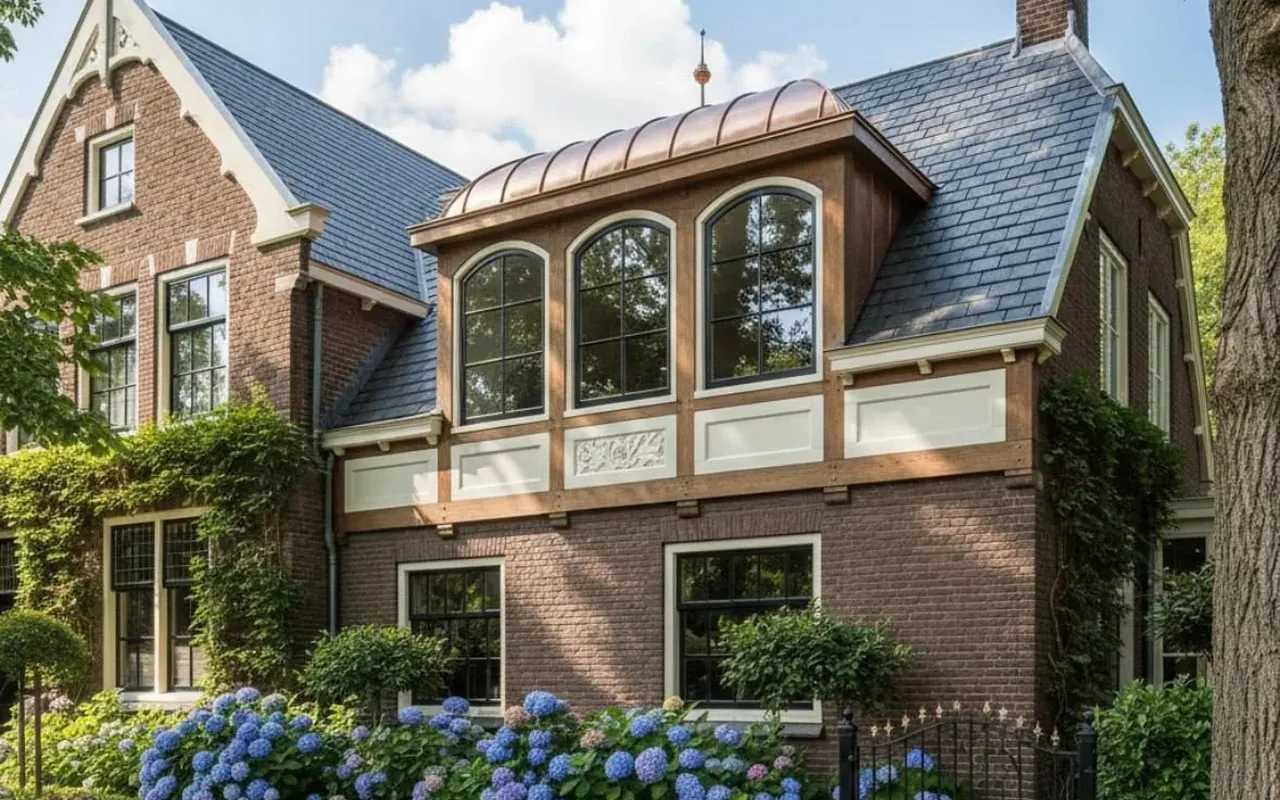 Klassieke bakstenen woning met donkere ramen met roedeverdeling, ook in de boogramen van de dakkapel