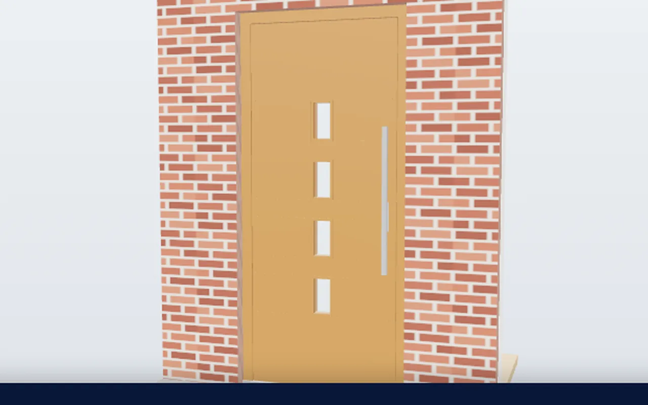Hoge kunststof voordeur met een verticale rij glasruitjes in eikenhoutlook, 3D-weergave uit de configurator