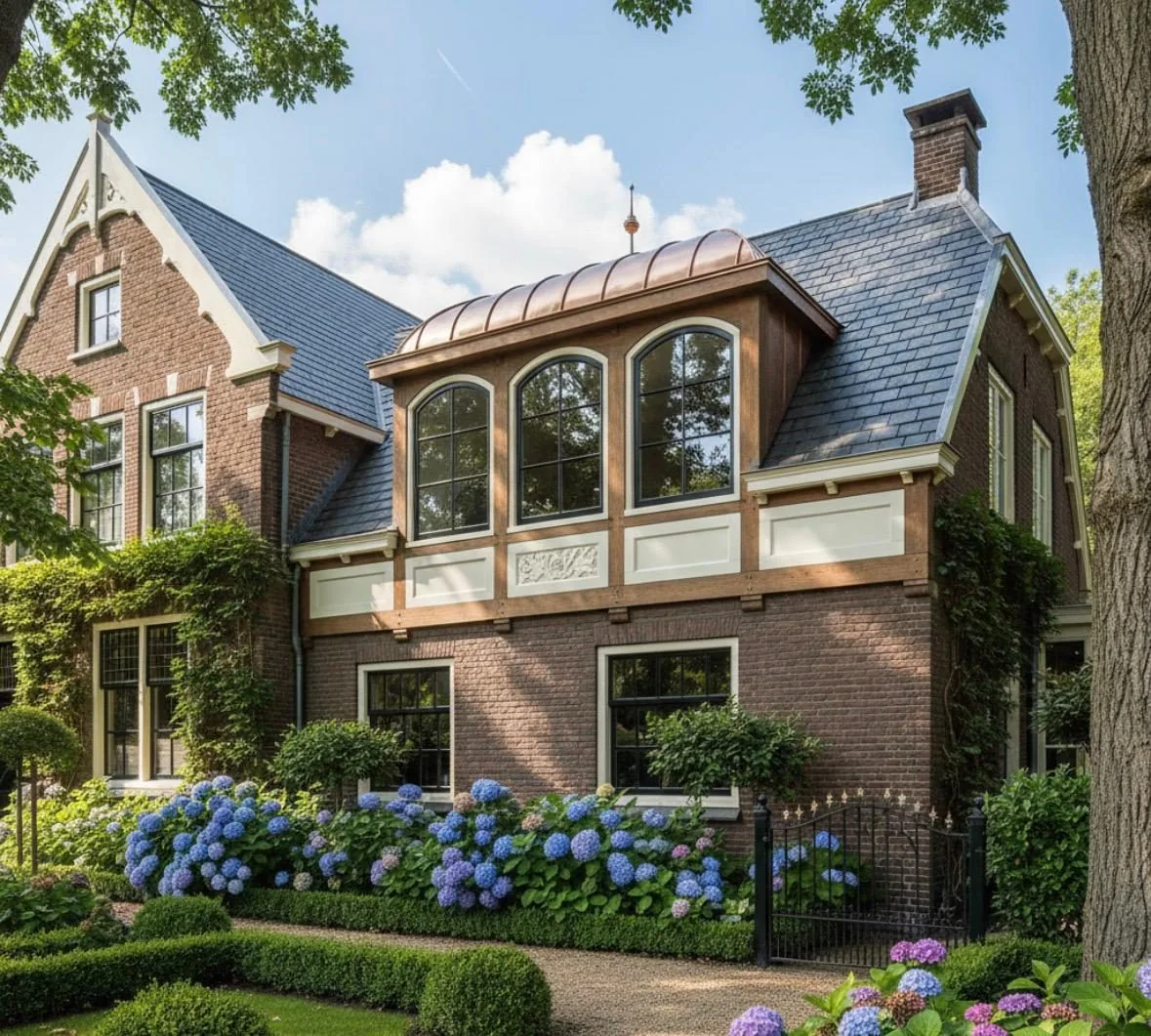 Klassieke gevel met houten kozijnen en roedes